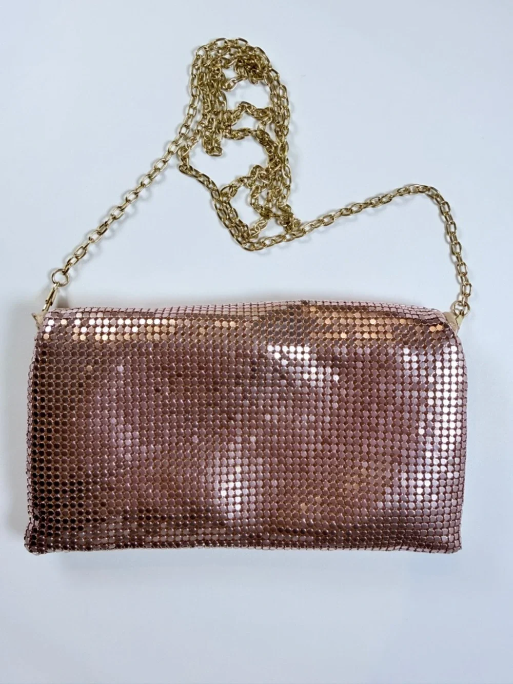Metallic Rose Gold Clutch Crossbody Bag with Gold Chain‎ Detachable Strap